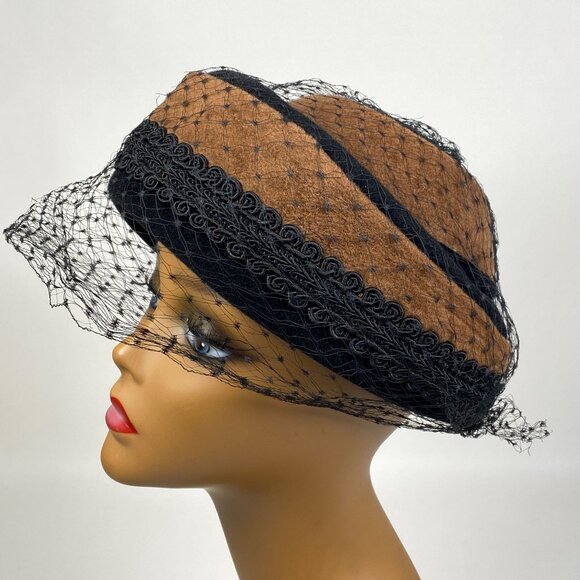 Vintage Ranleigh Pillbox Hat Face Veil Netting Brown Black Derby Church main image 4